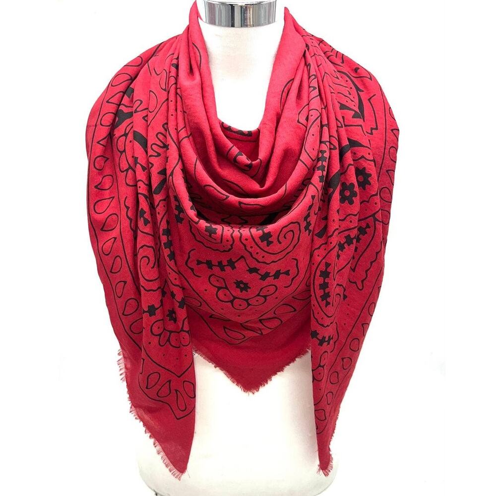 Red Paisley Print Scarf Large Square Viscose Cotton Blend